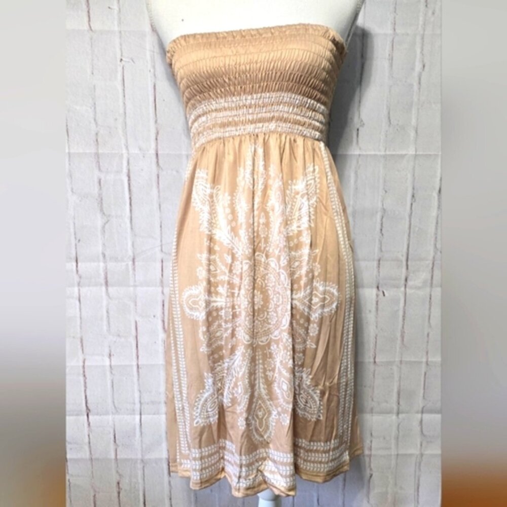 Boho Strapless Midi Cover-Up Dress – Tan & White Print – One Size – New in Bag